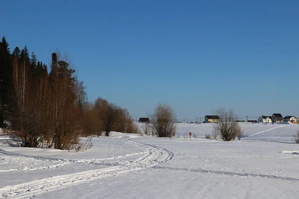 Winterlandschaft Straße Zum Dorf Private Häuser Dorf — Stockfoto