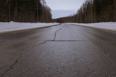 Şehrin dışında iki şeritli bir otoyolun eski asfaltı. Uzun ve soğuk bir kıştan sonra ortaya çıkan yol yüzeyindeki çatlaklar.