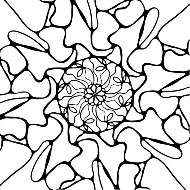 El çizimi mandala karalamaları beyaz arka planda tekrarlayan siyah çizgilere sahiptir. Nörografik. Nöroart. Yetişkinler ve çocuklar için boyama sayfaları. Soyut yuvarlak çizgiler. Küçük parçalar. Vektör.