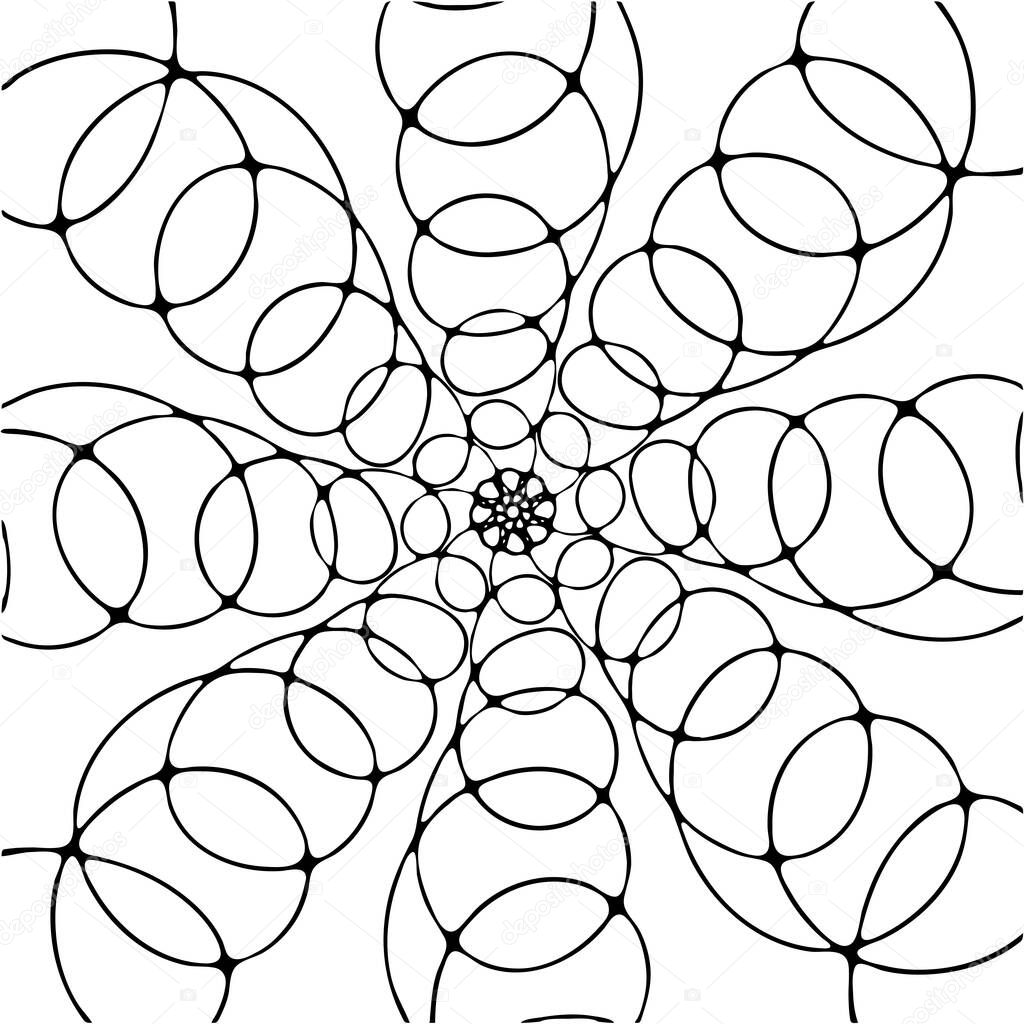 Hand drawn mandala Doodles have black contour repeating elements on a white background. Neurographics. Neuroart. Coloring pages for adults and children. Abstract rounded lines. Small parts. Vector.
