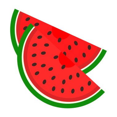 Yeşil kabuklu sulu ve taze kırmızı karpuz ve beyaz arka planda sayısız siyah tohum. Yarılar, dilimler. Düz stil. Vektör çizimi. Renk simgesi.