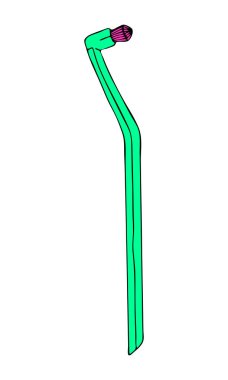 Kıvrımlı diş fırçası tek tutam. İmplantlar, kaplamalar, diş telleri için kişisel hijyen ürünleri. Vektör izole düz karalama gerçekçi siyah dış hat beyaz arkaplan simgesi çizer.