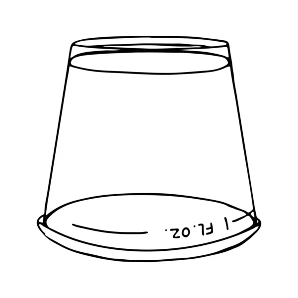 透明プラスチック測定カップマウスウォッシュ液体を測定します 倒錯卒業生のビール ベクトル絶縁イラストテンプレート黒アウトラインホワイトの背景アイコンとフラットドア現実的な図面 — ストックベクタ