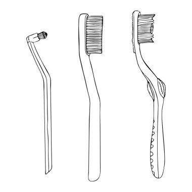 Diş fırçasını günlük ağız temizliğine ayarlayın. Tuvalette diş fırçalamak için özel ürünler. Siyah özet beyaz arkaplan simgesine sahip vektör izole edilmiş düz karalama gerçekçi çizimi