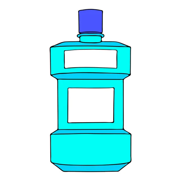 마우스 워시 , 입헹구기, 치과 용품 개인 구강 위생 욕실. 플라스틱 병의 액체입니다. 컬러 벡터 분리 된 평평 한 낙서 현실적 인 검정 색 윤곽 흰색 배경 아이콘 — 스톡 벡터
