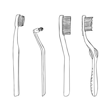 Diş fırçasını günlük ağız temizliğine ayarlayın. Tuvalette diş fırçalamak için özel ürünler. Siyah özet beyaz arkaplan simgesine sahip vektör izole edilmiş düz karalama gerçekçi çizimi