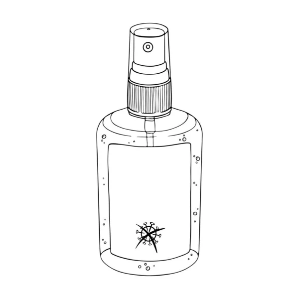 Template bottle spray antiseptic hands. Personal hygiene product. Sanitizer dispenser disinfect, protect coronavirus bacteria. Vector isolated flat doodle realistic black outline white background icon — Stock Vector