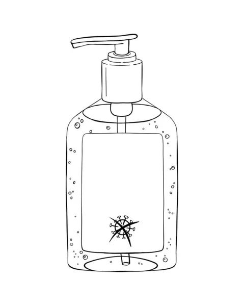 Plantilla bomba botella gel antiséptico para las manos. Producto de higiene personal. El dispensador de desinfectante desinfecta, protege el coronavirus. Vector aislado garabato plano realista negro contorno blanco fondo icono — Archivo Imágenes Vectoriales