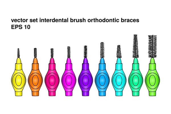 Set interdental brush orthodontic braces. Pipe-cleaner dental product personal oral hygiene home bathroom. Color vector isolated flat doodle realistic drawing with black outline white background icon — Stock Vector