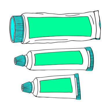 Günlük ağız temizliği için diş macunu şablonunu evde, banyoda ayarla. Renk vektörü izole edilmiş düz karalama gerçekçi çizim beyaz arkaplan simgesi üzerinde siyah çizgili.