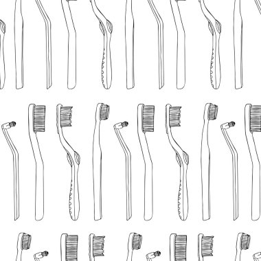 Kusursuz desenli diş fırçasını arka arkaya kişisel ürünlere günlük ağız hijyeni olarak yerleştirdi. Kağıt, kapak, kumaş, dekor ve diğer kullanıcılar için soyut tasarım. Vektör düz karalama gerçekçi siyah dış plan beyaz arkaplan.