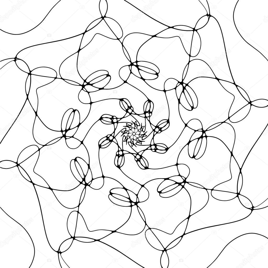 Pattern hand drawn doodle mandala. Dynamic contour repeating elements. Coloring pages adults, children. Abstract neurographics. Neuroart. Vector rounded black outline white background. Art one line.