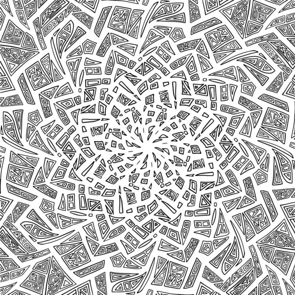 Geometric abstract coloring book page. Hand drawn doodle mandala. Circle, line, shape. Dynamic contour repeating elements. Beautiful pattern relaxation black white ornament. Vector meditative drawing — Stock Vector