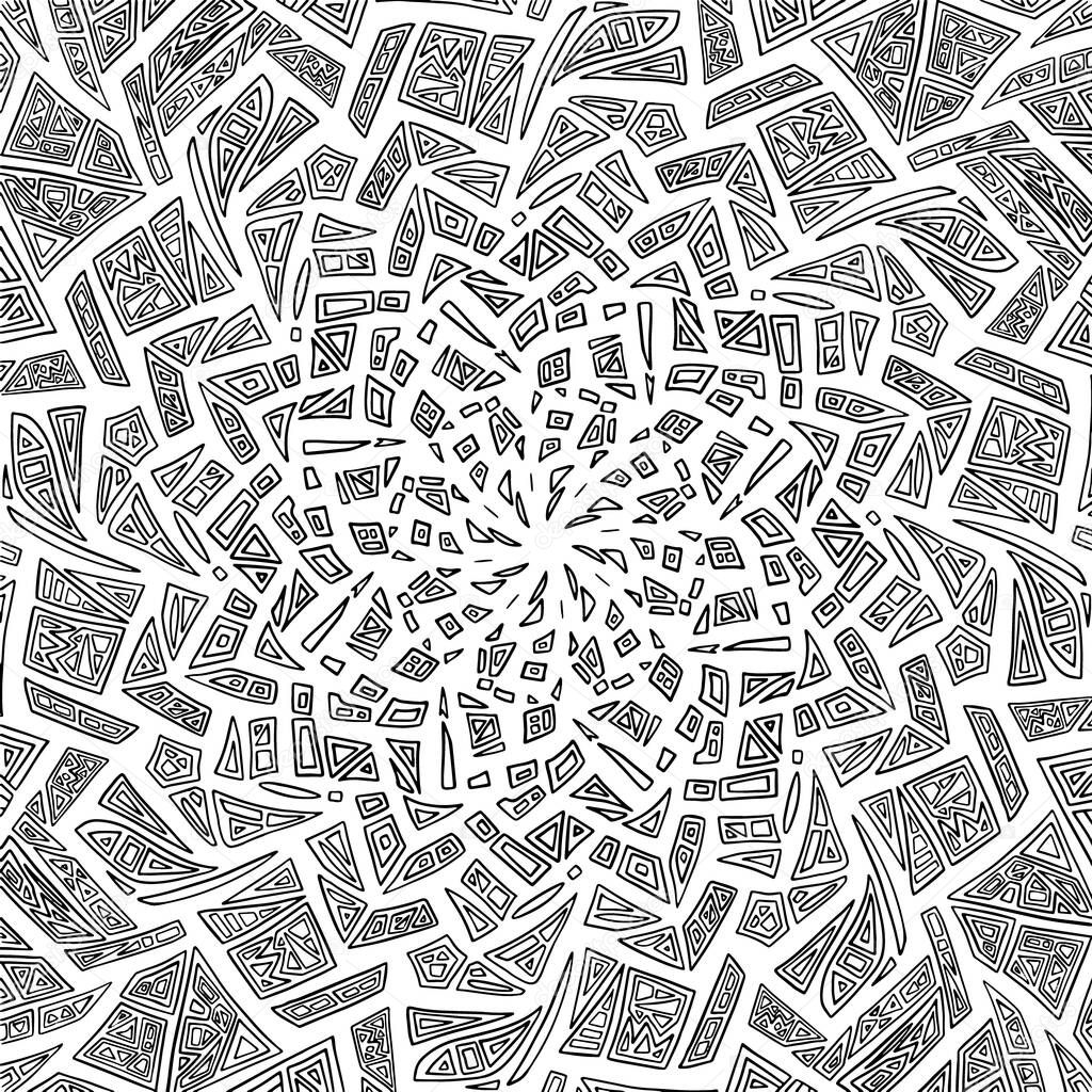 Geometric abstract coloring book page. Hand drawn doodle mandala. Circle, line, shape. Dynamic contour repeating elements. Beautiful pattern relaxation black white ornament. Vector meditative drawing