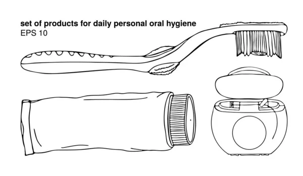 Set di prodotti per l'igiene orale personale quotidiana. Dentifricio tubo grande, spazzolino manuale, filo interdentale. Accessori individuali per lavarsi i denti. Disegno realistico scarabocchio modello isolato vettoriale — Vettoriale Stock