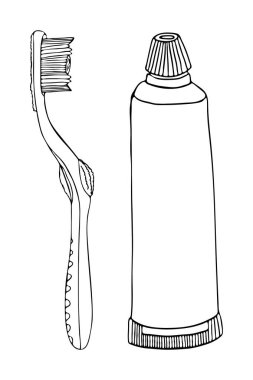 Günlük ağız temizliği için ürünleri hazırlayın. Orta boy diş macunu, manuel diş fırçası. Diş fırçalamak için özel aksesuarlar. Vektör izole şablon karalama gerçekçi el çizimi