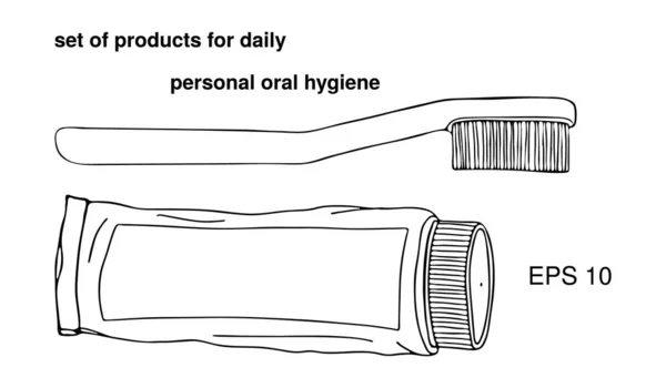 Set di prodotti per l'igiene orale personale quotidiana. Dentifricio tubo grande, spazzolino manuale. Accessori individuali per lavarsi i denti. Disegno a mano realistico scarabocchio modello isolato vettoriale — Vettoriale Stock