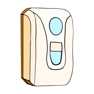 Modern duvar otomatik sıvı sabun makinesi dokunuşu. Ürün hijyen önleme, koruma virüsleri, bakteriler. Renk vektörü şablonu izole edilmiş düz karalama gerçekçi siyah dış plan simgesi beyaz arkaplan simgesi