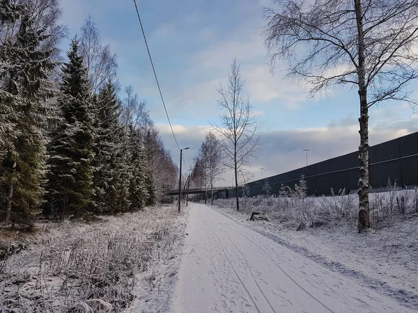 Zima Krajobraz Śnieżnobiałe Drogi Drzewa Błękitne Niebo Białymi Chmurami — Zdjęcie stockowe