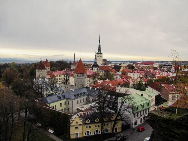 Ciudad Vieja Tallin Skyline Día Nublado Con Mar Fondo — Foto de Stock