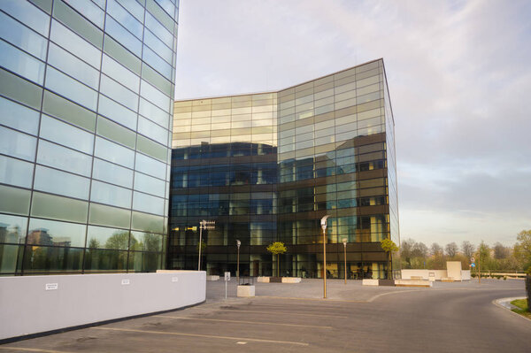 SZCZECIN,POLAND-27 JULY 2016:Modern office building in the eveni