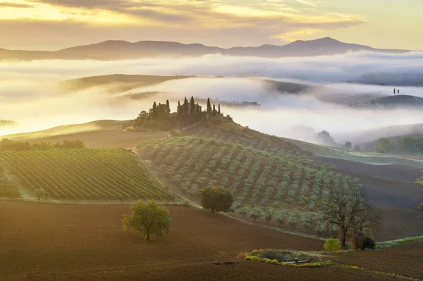 Pienza, Italië-September 2015: de beroemde Toscaanse landschap bij zonsopgang — Stockfoto