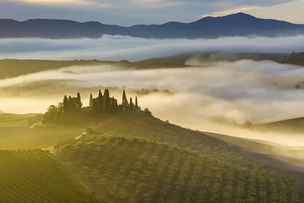 Pienza, Italië-September 2015: de beroemde Toscaanse landschap op sunri — Stockfoto