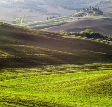 Pienza, İtalya-Eylül 2015: ünlü Tuscan manzara sunri