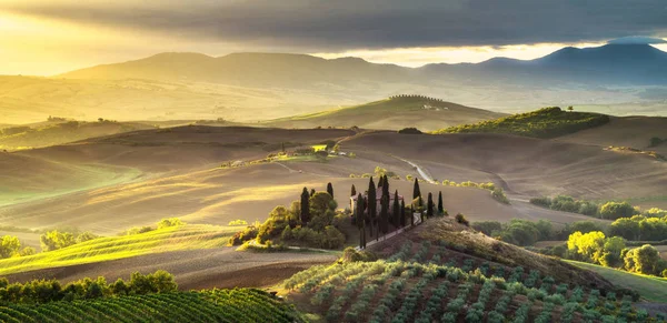 Pienza, İtalya-Eylül 2015: ünlü Tuscan manzara güneş doğarken