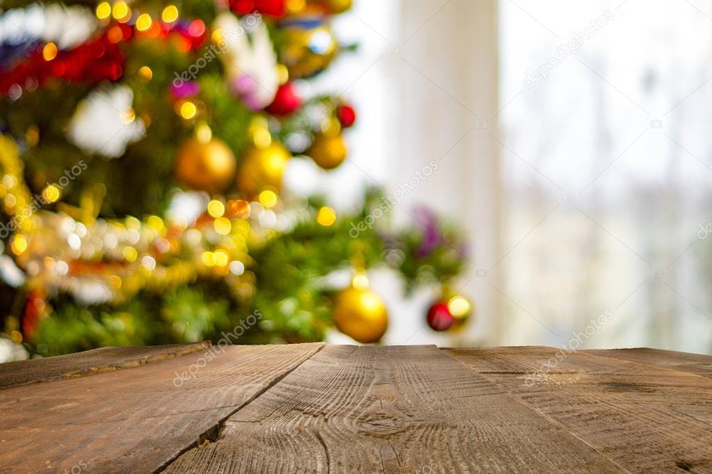 Christmas holiday background with empty wooden, rustic table