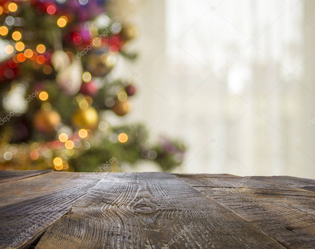 Christmas holiday background with empty wooden, rustic table