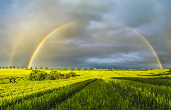 Belo arco-íris colorido depois de passar uma tempestade à noite — Fotografia de Stock