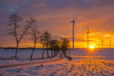 yel değirmenleri (rüzgar türbinleri) gün batımında karla kaplı sahada