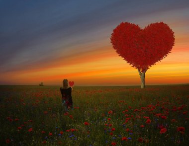 Kırmızı kalp şeklinde ağaç-sembol sevgi ve Sevgililer günü