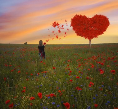 Kırmızı kalp şeklinde ağaç-sembol sevgi ve Sevgililer günü