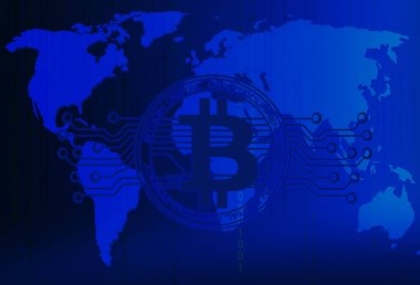 Dünya Haritası üzerinde devre hat ile soyut teknoloji bitcoins logo