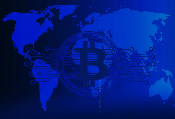 Αφηρημένη τεχνολογία bitcoins λογότυπο με κύκλωμα γραμμή στον παγκόσμιο χάρτη — Φωτογραφία Αρχείου