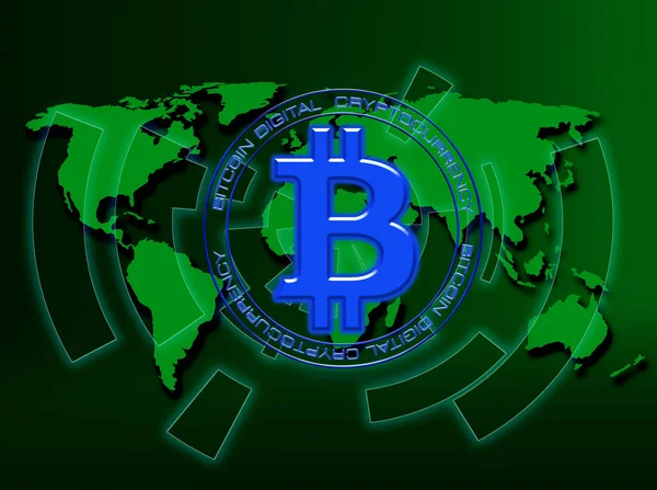 Absztrakt technológia bitcoins logó a világ Térkép, zöld technológia — Stock Fotó