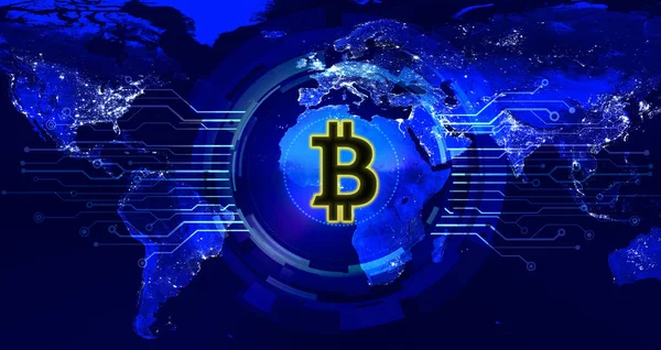 Valuta digitale bitcoin sulla mappa del mondo, concetto di curva globale — Foto Stock