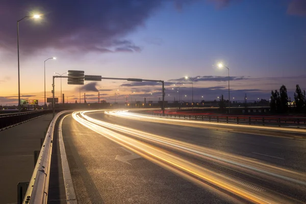 Entry route to the city in the light of sunrise-Szczecin,Poland — Stock Photo, Image