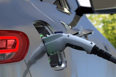 Şarj istasyonunda şarj olurken elektrikli araba.