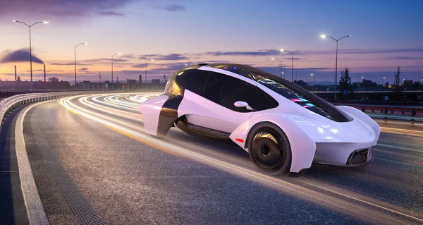 De visie van een moderne, autonome auto 's bewegen' s nachts in de c — Stockfoto