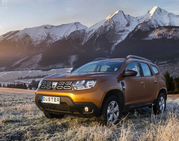 Suv Dacia Duster egy fagyos réten a hó hátterében — Stock Fotó