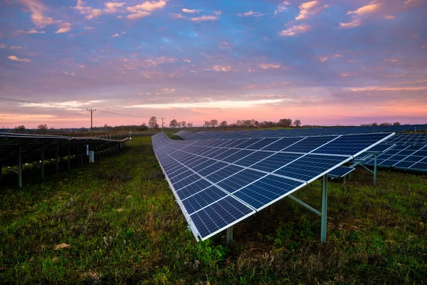 Photovoltaic power plant during sunrise — Stock Photo, Image