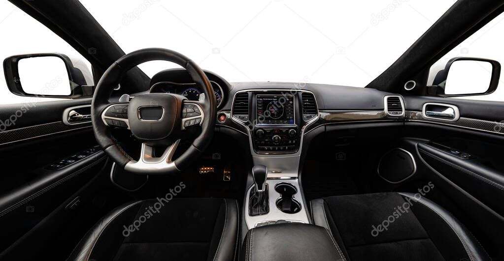 isolated cockpit and interior of Jeep Grand Cherokee on a white 