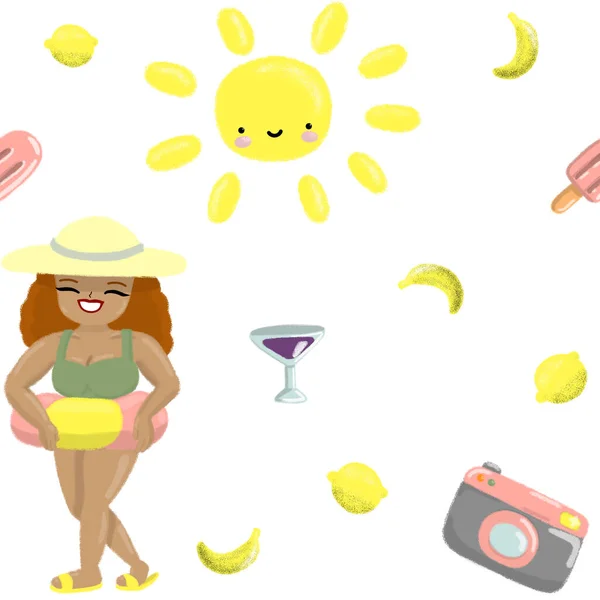 cute girl body positive beach sea summer time camera cocktail shells banan sun with face white texture
