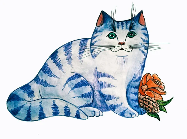 Kırmızı çiçekli şişman mavi kedi. Suluboya çizimi
