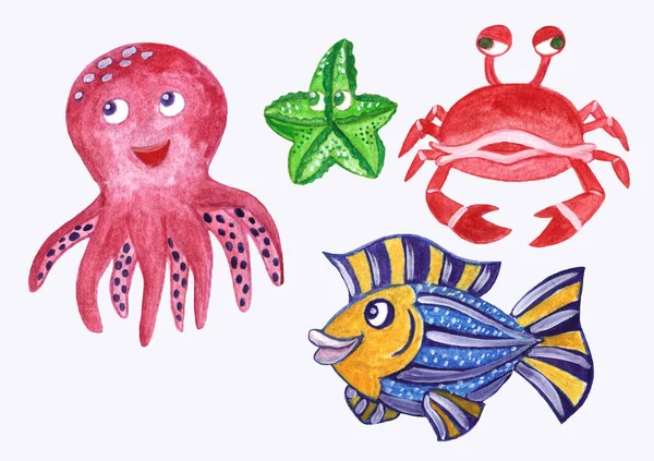 Watercolor sea animals cartoon set, crab, starfish, shell, octopus. — Stock Photo, Image