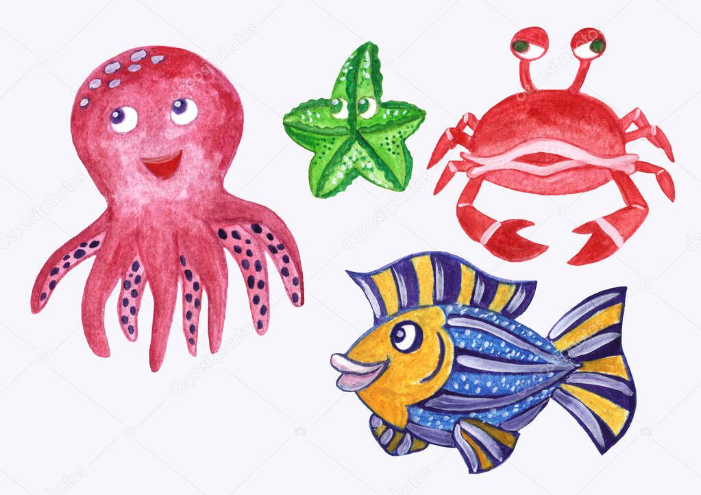 Watercolor sea animals cartoon set, crab, starfish, shell, octopus.