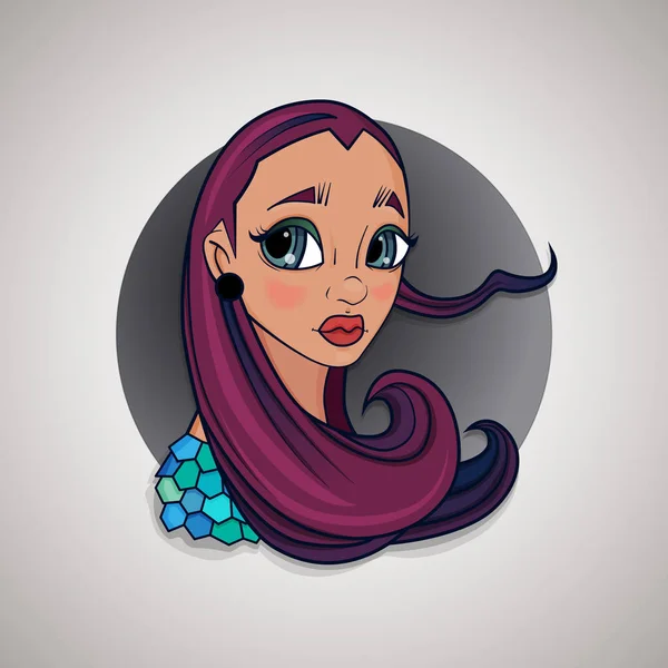 Illustration de fille dessin animé avec les cheveux violets et les grands yeux avec — Image vectorielle